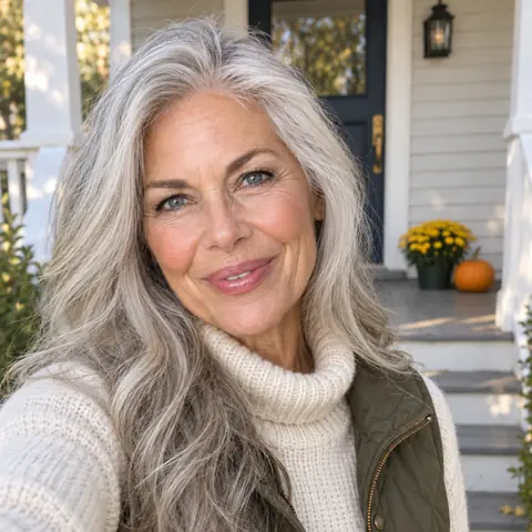 Hazel's mom, a gardener with long silver hair, on the front walk