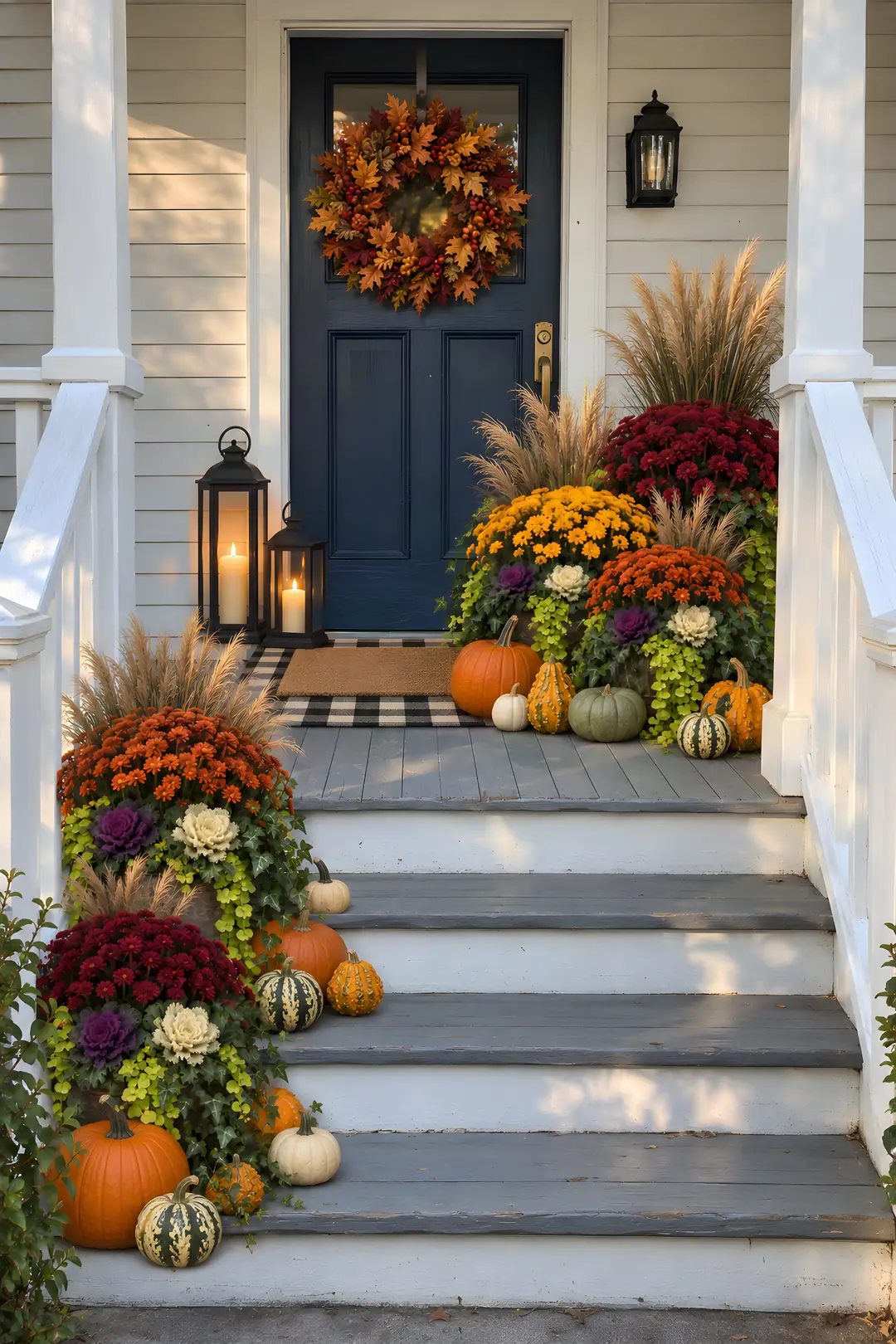 A navy front door with a fall leaf wreath, two black lanterns, a coir mat on a buffalo-check rug, and big planters of mums, kale, tall grass and trailing greens with pumpkins on the steps