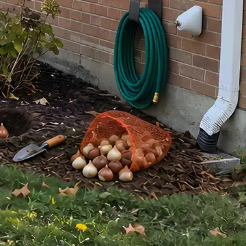 Tulip and daffodil bulbs beside freshly dug holes in a garden bed