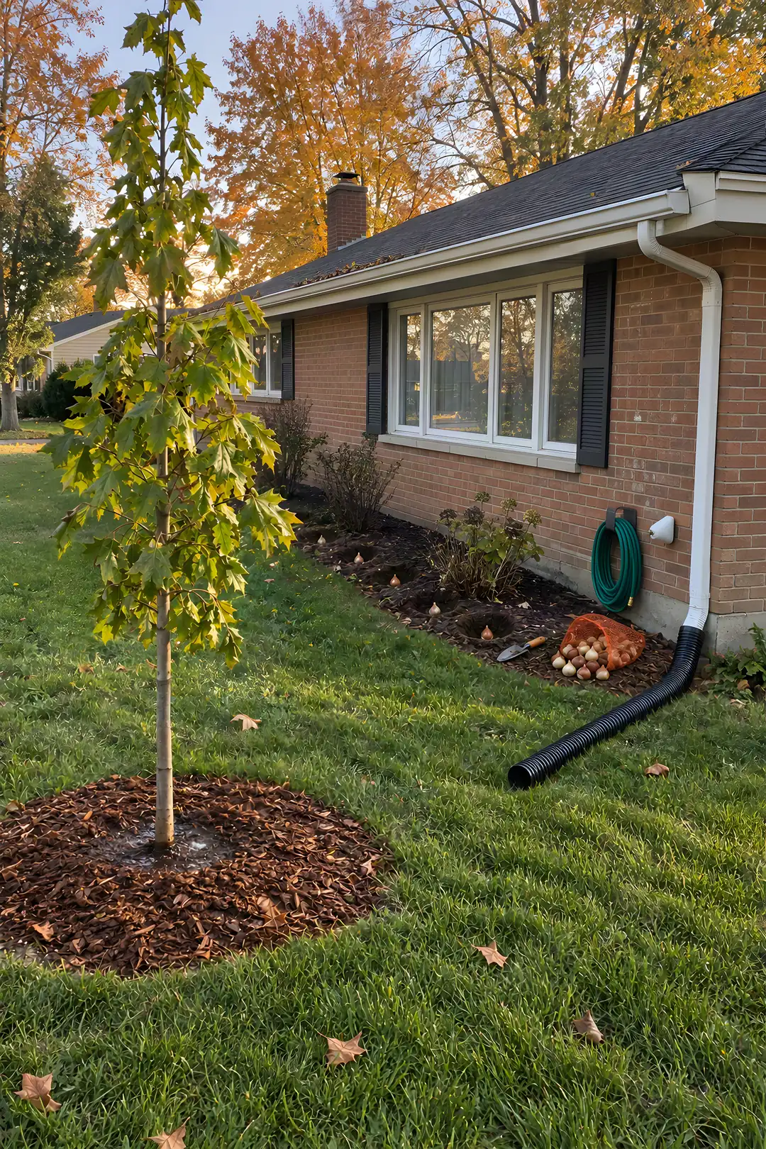 A brick ranch house in fall with a young mulched maple, a coiled hose on the wall, a covered outdoor faucet, bulbs ready to plant and a downspout extension